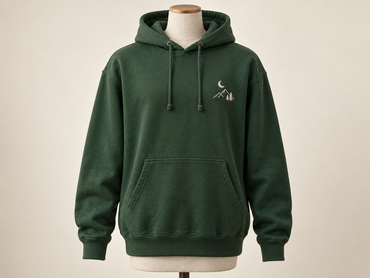 Illustrative forest green hoodie product studio example
